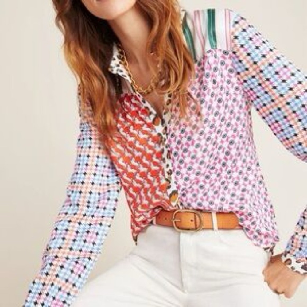 Anthropologie Maeve The Paz mixed-print button-down shirt size XS